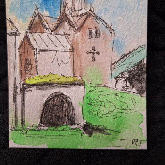 ACEO 2.5"x3.5" Watercolor Painting European Style Church Landscape Miniature - Picture 3 of 4